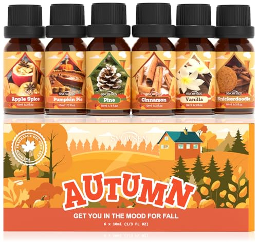 SNOWSEN Herbst Ätherische Öle Set, 6 x 10 ml Aromatherapie Ätherische Öle für Diffuser, Duftöl Geschenkset, Diffuser Öl, Seifenduftöl - Apfelgewürz, Kürbiskuchen, Kiefer, Zimt, Vanille, Snickerdoodle