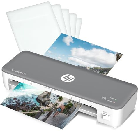 HP OneLam 270 Laminiergerät A4 mit Laminierfolien | Kompakter Laminator | Foliergerät für Heißlaminierung bis DIN A4 | Für Home-Office & Hobby | Inkl. 5 Laminierfolien (80 Mic)