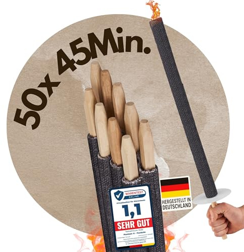 Panteer ® Fackeln aus natürlichem Wachs - Für eine Wanderung mit Kindern oder Freunden, ideal im Garten oder zu Ostern/Silvester - Made in Germany - 45 Min. Brenndauer - Mit Handschutz (50x Stück rot)