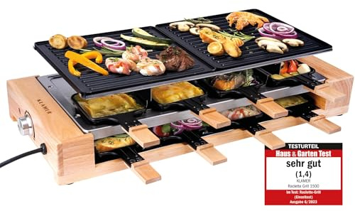 KLAMER Raclette Grill 8 Personen 1500 W mit Holzgestell & Parkdeck, Alu-Druckguss-Grillplatte antihaft, stufenlos regelbar, ILAG Beschichtung, Test „Sehr gut (1,4)“, deutsche Marke Berlin
