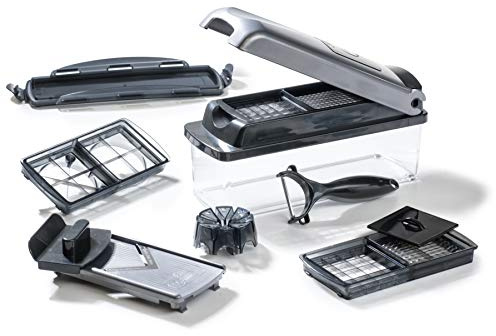 Genius Nicer Dicer Plus (12 Teile) Gemüseschneider Zwiebelschneider Pommesschneider Obstschneider Allesschneider - Würfeln/Stifteln/Schneiden/Schälen/Aufbewahren, A34141, silber/schwarz