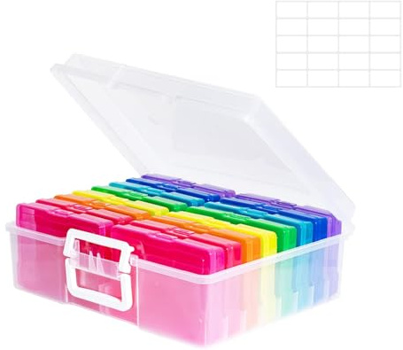 Neuytiky Fotoaufbewahrungsbox mit 16 innere Fotohalter, 17 × 12 cm Fotoetui, Mehrfarbige Durchsichtige Fotoboxen, zur Aufbewahrung von Saatgut Handwerk Karten, Bürobedarf (1×Aufkleber)