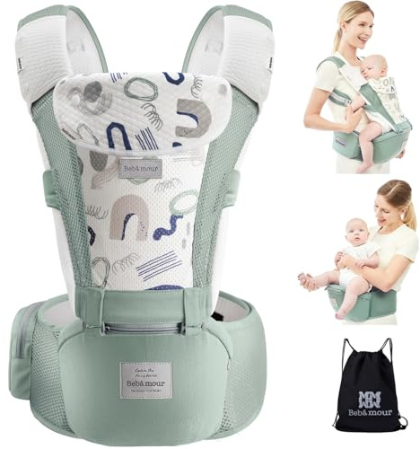 Bebamour Babytrage mit Hüftsitz mit Kopfbedeckung 3 Saugkissen Extender(Baby Carriers Foam Series, Air Green)