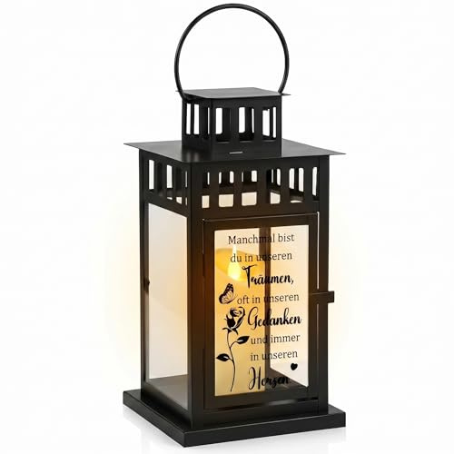 Photect Grablaterne Wetterfest Edelstahl Grablicht mit Gravur Grablampe für Friedhof, Beerdigung & Urnengrab, Gedenklicht als Trauergeschenk ohne Kerze(27x15x15cm,Träumen,Dunkel)