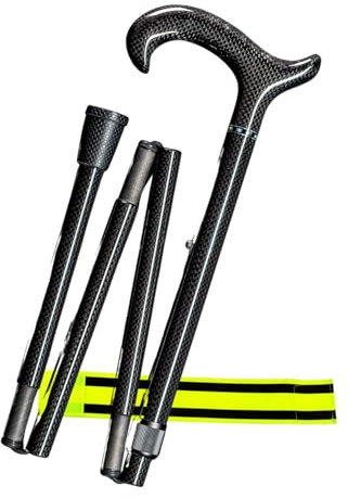 Gehstock Carbon Faltstock 4-teilig + Olanmarp Klettarmband | Gehstock klappbar, ergonomischer L-Derby-Griff, 85–95 cm höhenverstellbar, leicht 300 g, belastbar bis 110 kg