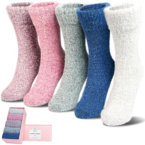 Flauschige Socken für Frauen 5 Paare Warme Wolle Winter Socken Mit Geschenk | Kuschelsocken Damen Baumwolle Dick Stricken Vintage Casual Socken Geschenke Für Frauen