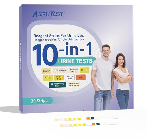 30 x Urin Teststreifen Schnelles Testen, 10 in1 urinstix mit 10-Parameter-Harnteststreifen, Testkit für Bilirubin, Urobilinogen, Keton, Glukose, Protein, Blut, Nitrit, pH, Dichte, Leukozyten
