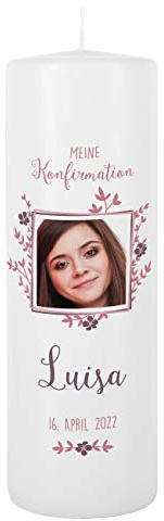 Striefchen® Kerze für Mädchen zur Taufe/Kommunion/Konfirmation mit Namen und Wunschtext Konfirmation mit Foto