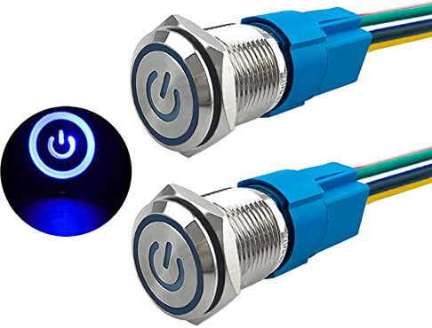 Aiqeer 2 Stück 16 mm Rastend Druckschalter, 12V / 24V 5A Auto Zündung Starter Schalter, IP67 Wasserdichter Edelstahl Druckschalter, mit Vorverdrahteter Steckdose (Blau LED)