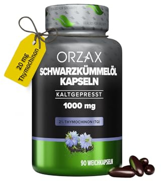 Orzax Schwarzkümmelöl Kapseln (ungefiltert) - 1000mg mit 20mg Thymochinon pro Tagesdosis (original Nigella sativa) - Türkisch - 90 Kapseln - Naturbelassen, Kaltgepresst & Laborgeprüft