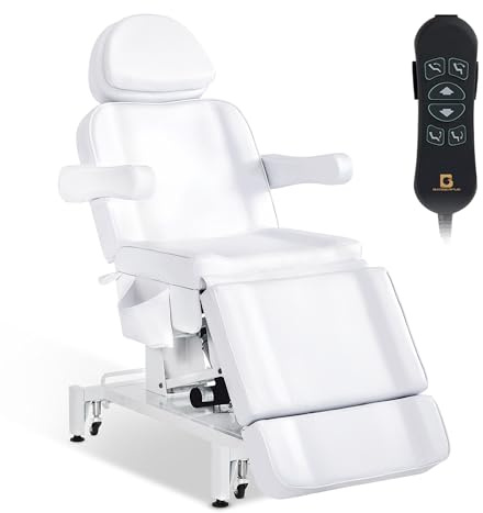 Barberpub Kosmetikliege Elektrisch mit 3 Motoren & Rollen, Massageliege Klappbar & 16CM Höhenverstellbar, 180°Drehbare Armlehnen, Tattoo Liege für SPA Salon 0754 (Weiß/Kunstleder)