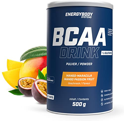 Energybody BCAA Pulver Mango-Maracuja 500 g | BCAA Drink, Aminosäuren Pulver, mit L-Glutamin, BCAAs, 41 Portionen, für Kraftsport & Ausdauer