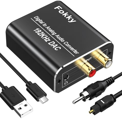 DA Wandler, Fokky 192kHz DAC Digital zu Analog Audio Konverter, SPDIF Koaxial Toslink zu Analog Stereo, Analog Stereo 3,5 mm Audio,1M optischem Kabel unterstützt HDTV DVD Blu-ray Sky Spielekonsole