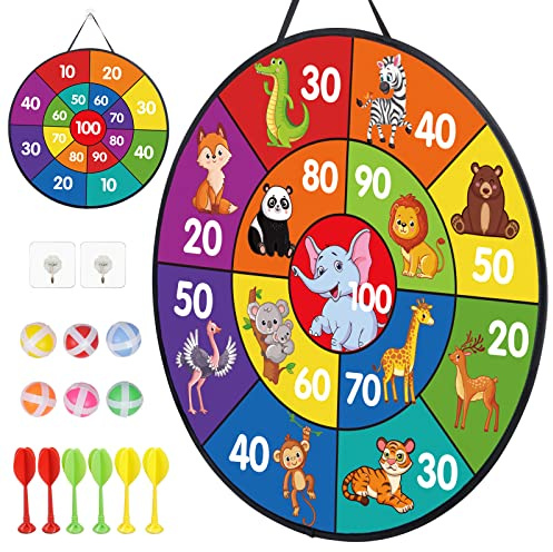 LAMEK Klett Dartscheibe Kinder Doppelseitige Dartspiel 66cm Faltbares Tier Klettballspiel mit 6 klebrigen Bällen 6 Darts Wurf Spiel Scheibe Drinnen Draußen Wurfspiel für ab 3 Jahre Jungen Mädchen