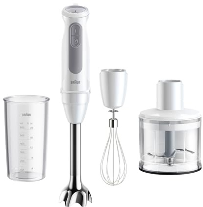 Braun Stabmixer MultiQuick 5 MQ 50236 M - Elektrischer Stabmixer mit 21 Geschwindigkeitsstufen + Turbo, Edelstahl Pürierfuß, Easy Click System, SplashControl, 3-teiliges Zubehör-Set, 1000 Watt, Weiß