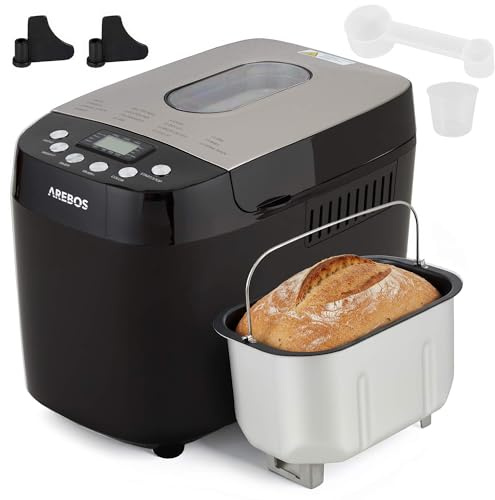 Arebos Brotbackautomat 1500g | mit 15 Programmen | 2 Knethaken | Timer | LCD Display | 3 Bräunungsgrade und Brotgrößen | 850 W | Schwarz