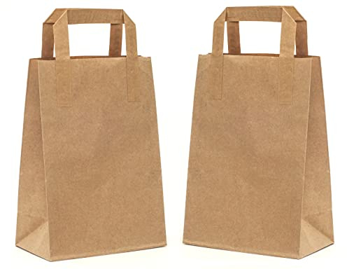 PAKNOR® 50stk Braun Papiertüten mit Henkel - 18 x 23 x 8,5 cm, Papiertragetasche mit Flachgriff, Geschenktüten, Kraftpapiertüte, DIY Adventskalender