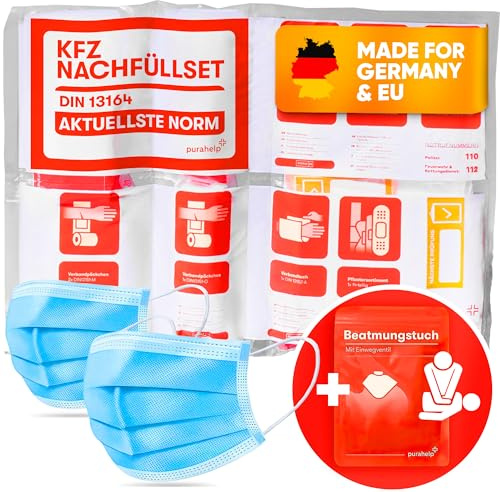 PURAHELP® KFZ Erste Hilfe Nachfüllset inkl. Beatmungstuch [DIN 13164] - Nachfüllset für Auto Verbandkasten 2026 Konform - Set zum Auffüllen der Verbandstasche für PKW - Car First Aid Kit Nachfüllung