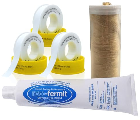 Sanitär Dichtungsset 5-teilig, Profi-set, 1x Neo Fermit Dichtungspaste, 1x Spender Flachs 40g, 3x PFTE Gewindedichtband by kör4u