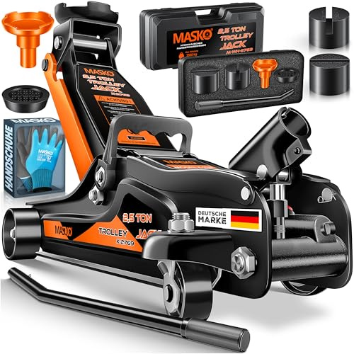 MASKO® Wagenheber hydraulisch KFZ Rangierwagenheber SUV, 360° Rollen inkl. 3X Gummiauflage, Koffer & Handschuhe Heber Unterstellbock für tiefergelegt bis hoch, 2,5T, Flache Hubhöhe 85-365mm