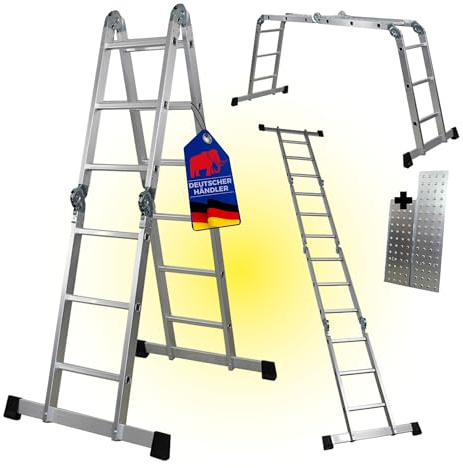 PROREGAL Sprossen-Mehrzweckleiter MULTISTEP, 4-teilig Aluminium, 4x3 Sprossen, bis zu 3,5m Höhe, Traglast 150kg, Arbeitsgerüst Stehleiter Anlegeleiter