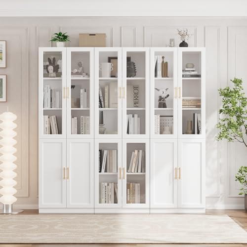 VOWNER Bücherregal mit Glastüren, 5-stöckiges Bücherregal mit Verstellbarem Regalboden, Modernes Großes Aufbewahrungsvitrinen-Set für Home Office, Wohnzimmer, Weiß(ACA)