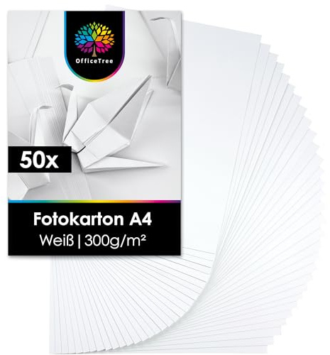 OfficeTree 50 Blatt Fotokarton A4 Weiß 300g - Fotokarton Weiß zum Basteln, Schneiden & Drucken - Lignin- & Säurefrei - dickes Papier A4 zum drucken - Bastelkarton Weiß - dickes Druckerpapier