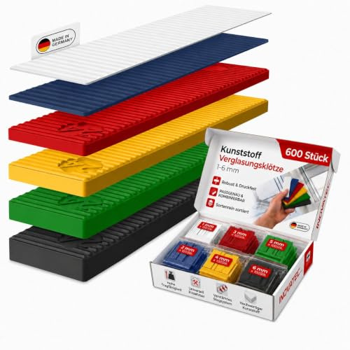 INOVATEC Kunststoff Verglasungsklötze 600 Stück | 1-6 mm Stärken sortiert | Distanzklötze & Trageklötze Set 100x24mm | Abstandshalter für Fenster, Türen & Glas | Profi-Montagezubehör