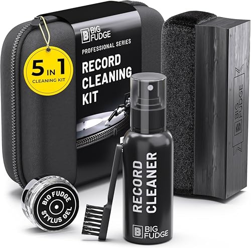 Big Fudge 5-in-1-Reinigungsset für Vinyl Schallplatten - Schallplatten Reinigung mit weicher Samtbürste Stylus Gel Reinigungslösung & Tasche - Professioneller Vinyl Reiniger