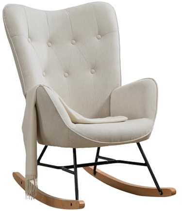 MEUBLE COSY Schaukelstuhl Sessel Schaukelsessel Stillstuhl Schwingstuhl mit Armlehnen Gepolsterter Sitzfläche für Wohnzimmer Schlafzimmer, Balkon, Stoff und Holzkufen, Bis 120 kg Belastbar, Beige