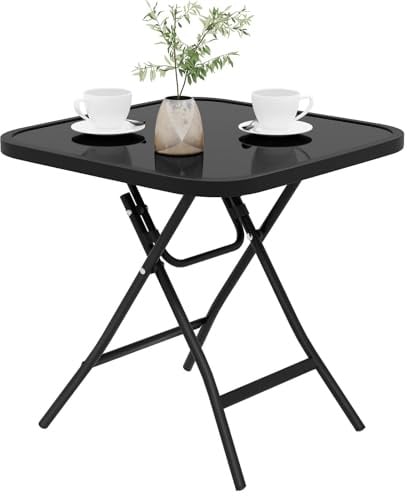 eSituro Klapptisch,Balkontisch,Beistelltisch Outdoor,46x46x48 cm, Schwarz | Campingtisch Gartentisch Bistrotisch, mit Metallrahmen, rechteckige Tischplatte aus gehärtetem Glas