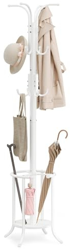 SONGMICS Kleiderständer freistehend, Garderobenständer mit Regenschirmständer, 12 Haken, Metall, 175,5 cm hoch, für Eingangsbereich, Flur, Wohnzimmer, Schlafzimmer, perlweiß RCR011W01