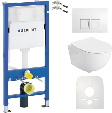 Lavita Duofix Basic Vorwandelement + Lavita Wand Tiefspül WC Dalia Weiß Spülrandlos Tornado Spülsystem + WC Sitz mit Absenkautomatik + Bedienplatte Delta 25 Weißer Knopf Komplettset Toilette WC