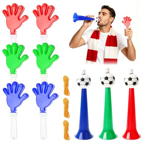 Encuryna 3 Stück Vuvuzela with 6 Stück Klatschhand, Laut Fußball Fan Tröte, 2026 Vuvuzela Tröte Laut Fussball Fanfare Horn Tröte Zum Anfeuern für Fans, für Fußball-Themenparty, Weltmeisterschaft
