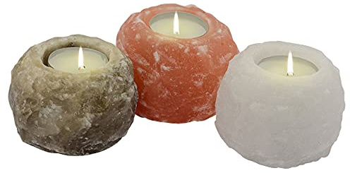 Himalaya Kristallsalz Teelichthalter Set – Handgefertigte Salzlampe aus Himalaya Salz (je 400 g) in Orange, Weiß & Grau – Dekorative Teelichthalter für stimmungsvolle Beleuchtung
