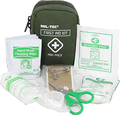 Mil-Tec® Erste Hilfe Set mit 19 Teilen • First Aid Notfallset für Outdoor, Reisen & Survival • Erste Hilfe Kasten kompakt & leicht • Verbandstasche gefüllt mit Gürtelbefestigung • Oliv