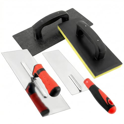QWORK® 4-teiliges Set für Verputzarbeiten, Kunststoff-Reibebrett für Beton, Edelstahl Putzkelle, Edelstahl Glättekelle 300x120 mm und Schwammgummi-Reibebrett