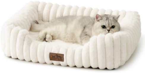 COZY KISS Orthopädisches Waschbares Hundebett, für Katze und Kleiner Hunde, Weicher Kunstfell Hundekorb, Haustiersofa mit Hoher Umrandung, Rutschfestes, 64 x 53 x 15 cm, Beige