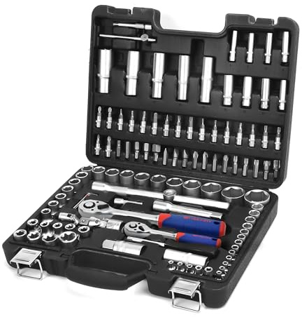 WORKPRO Steckschlüsselsatz 108-teilig, Knarrenkasten Ratschenkasten für Auto, mit 1/4 und 1/2 Umschaltknarre, Ratschen, Steckschlüssel, Bitsatz, Steckschlüsseleinsätze, Werkzeugkoffer