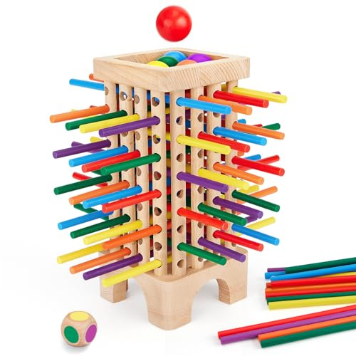 Montessori Spiel Brettspiel aus Holz, 42 Bunte Holzstäbchen Spiele ab 3 Jahren Würfelspiel, Mathe & Feinmotorik Spielzeug, Lernspiele ab 3 4 5 6 Jahre, Familienspiel Reisespiel für Kinder Geschenk
