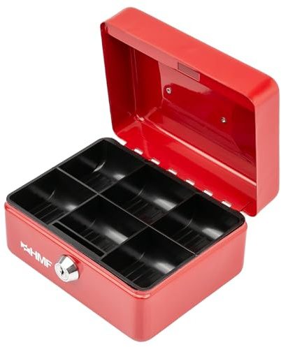 HMF Geldkassette abschließbar, Kasse mit Münzeinsatz, 6 Münzfächer | 15 x 12 x 8 cm | Rot