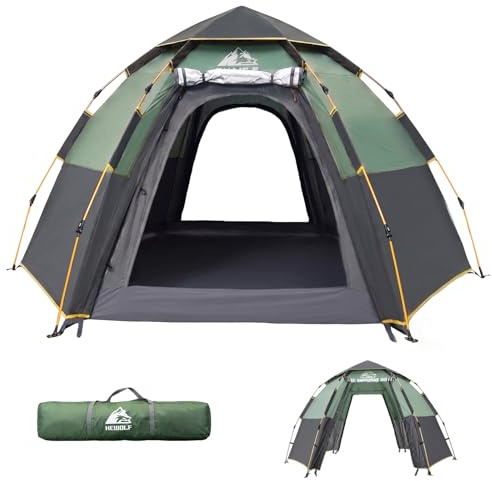 Hewolf Camping Zelt - Zelt 2/3/4 Personen Wasserdicht mit Vorzelt Familienzelt Einfache Einrichtung Campingzelt Biwakzelt Tent, 2-4 Mann Sechseckigeszelt Pop Up Wurfzelt