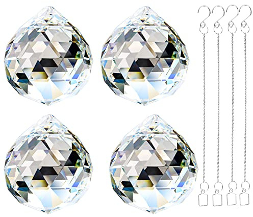 Adwikoso 4er-Set 40mm Sonnenfänger, hängende Kristalle mit Metallkette | Kristallkugel, Prisma-Anhänger, Lichtfänger, Glashänger-Deko für Fensterdekoration, Hochzeit, Feng Shui, Zuhause, suncatcher