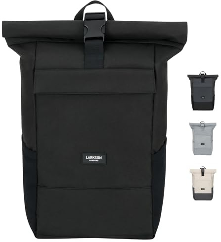 LARKSON Rucksack Herren & Damen Schwarz - No 4 - Rolltop Backpack mit Laptopfach für Uni, Arbeit & Fahrrad - Großer Reiserucksack - Wasserabweisend