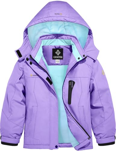 GEMYSE Mädchen Skijacke Wasserdichte Winterjacke Winddichter Fleece Schneeanzug Warm mit Kapuze für Aktivitäten im Freien(Hellviolett mit Blauem Futter,152-158)