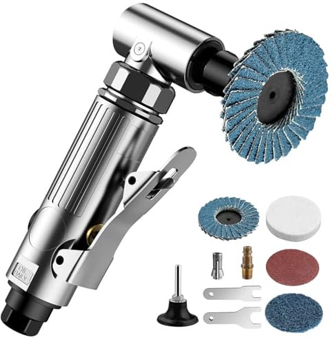 EYPINS Druckluftschleifer Set, Druckluft Winkelschleifer Stabschleifer Gesenkschleifer 90° Winkel Schleifer 6.2 Bar mit Korundsandscheibe 2 Zoll 50 mm, 400 mesh Sandscheibe, 80 mesh Luftklappe