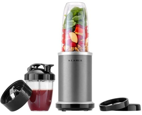 KLAMER Bullet Mixer 1000 Watt, Smoothie Maker, elektrischer Shake Mixer mit 2 Mixbehältern, 2 Klingen-Aufsätze und weiterem Zubehör