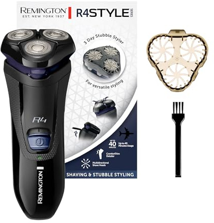 Remington Elektrischer Rasierer Herren [Trocken-Rasierapparat] R4 (Akkubetrieb, Comfort Detailtrimmer + Langschaarschneider + 3-TageBart-Aufsatz) Rotationsrasierer R4002