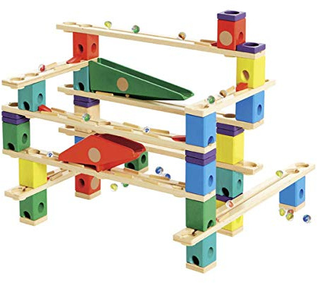 Hape Quadrilla Vertigo Murmelbahn – Holz Kugelbahn, Konstruktionsspielzeug, für Kinder ab 4 Jahren, Kreative Bahn mit Rampen, Spiralen und Bauelementen, Lernspielzeug für Kinder ab 4 Jahren