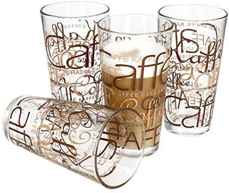Van Well Latte-Macchiato-Gläser 4er Set, 390 ml, stapelbare Kaffeegläser mit Dekor, spülmaschinengeeignet für Latte Macchiato und Heißgetränke
